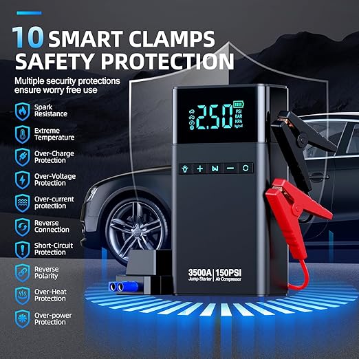 Heavy-Duty Car Battery Booster & Tire Inflator – Smart LCD & Emergency Light