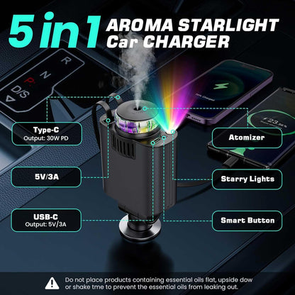 5-in-1 Retractable USB C Car Charger with Aromatherapy & Starlight – Fast Car Charging Adapter